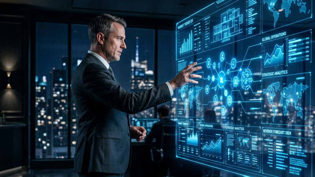 Businessman using a digital touchscreen displaying global market trends and data analytics