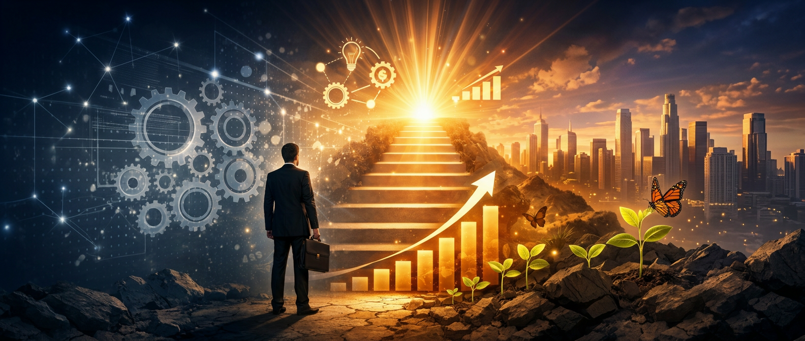 Businessman looking at illuminated staircase with growth chart, lightbulb, gears, and sprouting plants